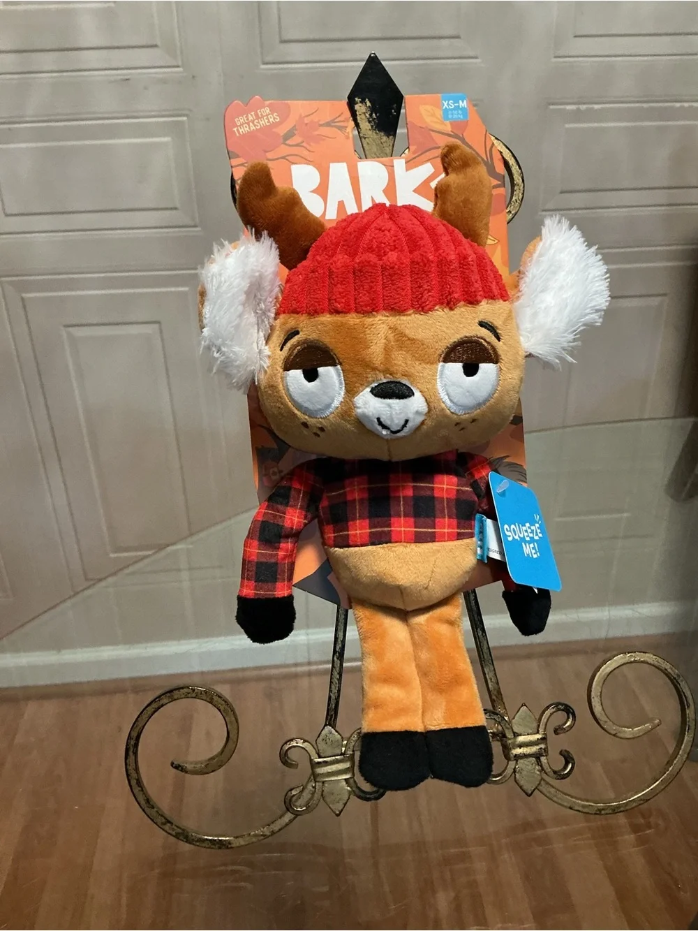 Bark Box Reindeer Crinkle Squeaker Dog Toy Plush Hat Buffalo Check Sweater 11”